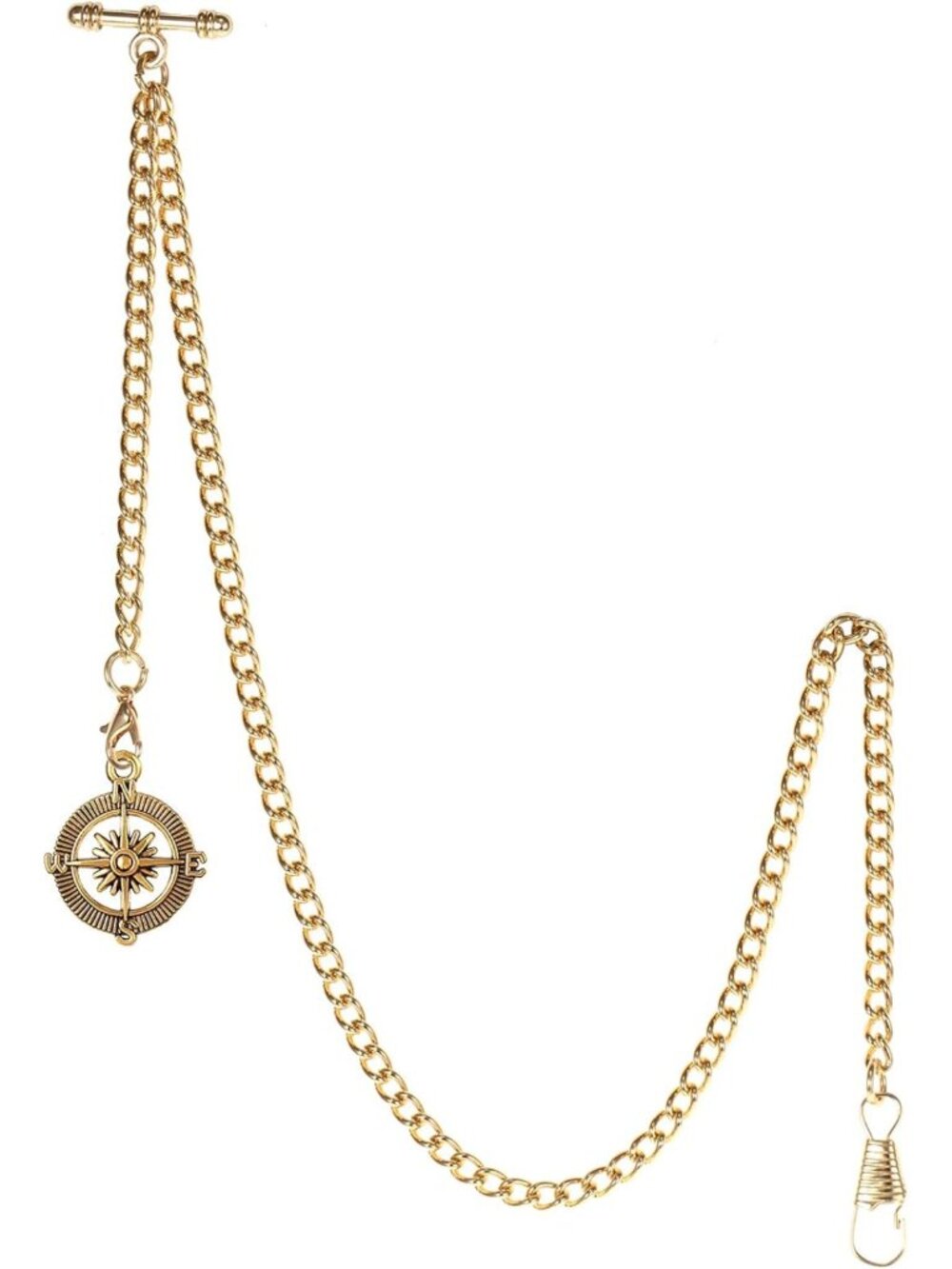 Vintage-Inspired Men's Pocket Watch Chain with Antique Compass Pendant & Hooks